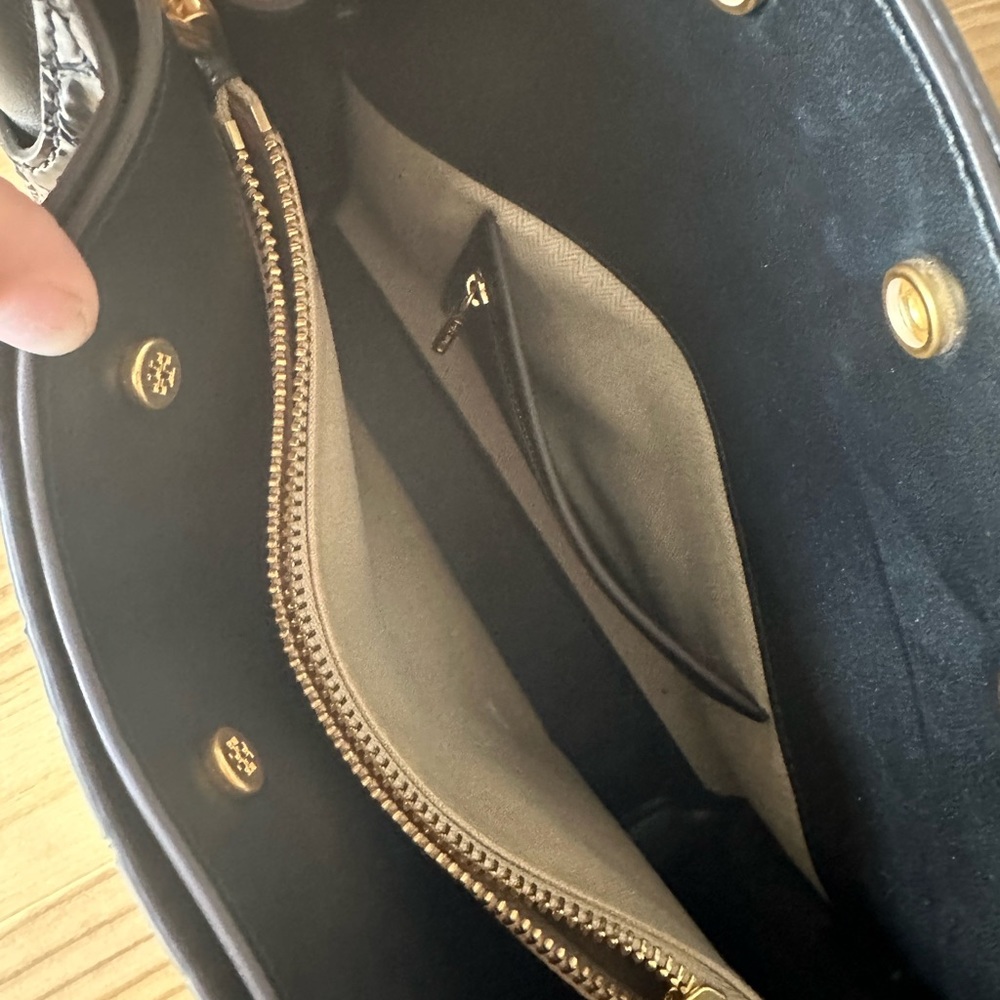 Tory Burch Lee Radziwill Croc Embossed Leather Suede Double Bag Black - Picture 9 of 9
